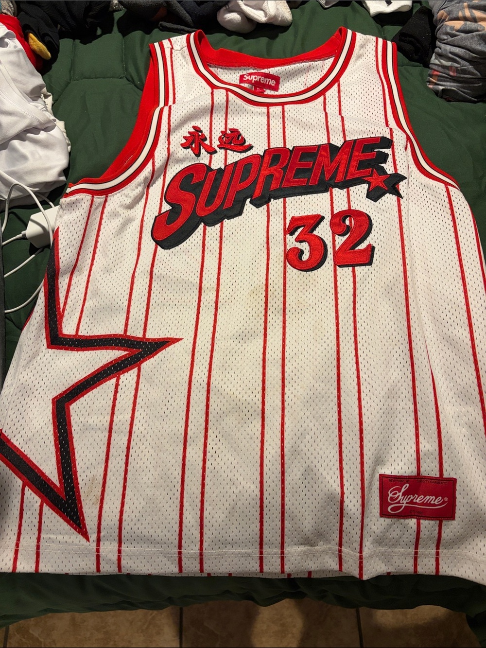 Supreme White and Red Pinstripe Basketball Jersey - 32